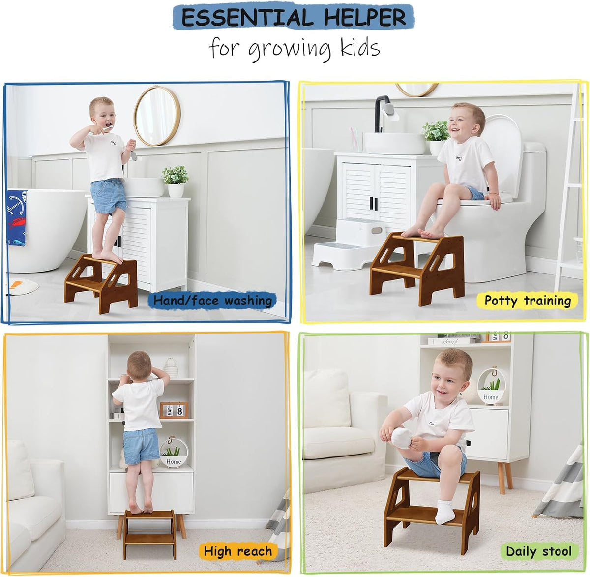 Wooden Toddler Step Stool for Bathroom Sink, Dark Wood Kids Toilet 2 Step Stool for Toddlers Potty Training, Baby Child Stepping Stools with Handles for Bedroom Kitchen Counter (Walnut Brown)