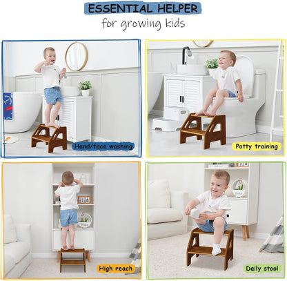 Wooden Toddler Step Stool for Bathroom Sink, Dark Wood Kids Toilet 2 Step Stool for Toddlers Potty Training, Baby Child Stepping Stools with Handles for Bedroom Kitchen Counter (Walnut Brown)