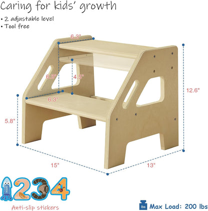 Wooden Toddler Step Stool for Bathroom Sink, Dark Wood Kids Toilet 2 Step Stool for Toddlers Potty Training, Baby Child Stepping Stools with Handles for Bedroom Kitchen Counter (Walnut Brown)