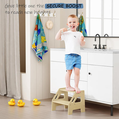 Wooden Toddler Step Stool for Bathroom Sink, Dark Wood Kids Toilet 2 Step Stool for Toddlers Potty Training, Baby Child Stepping Stools with Handles for Bedroom Kitchen Counter (Walnut Brown)
