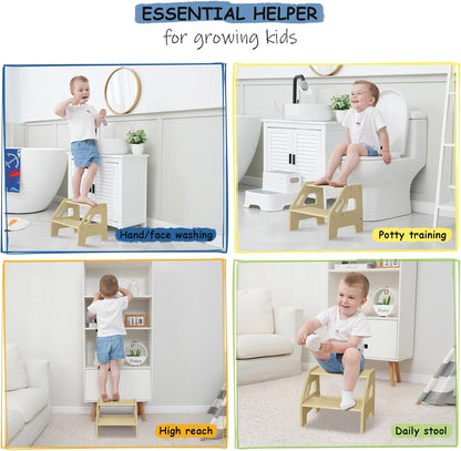 Wooden Toddler Step Stool for Bathroom Sink, Dark Wood Kids Toilet 2 Step Stool for Toddlers Potty Training, Baby Child Stepping Stools with Handles for Bedroom Kitchen Counter (Walnut Brown)