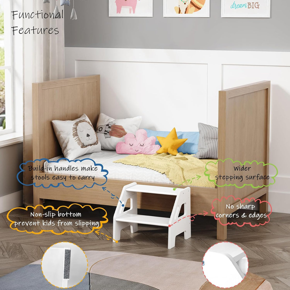 Wooden Toddler Step Stool for Bathroom Sink, Dark Wood Kids Toilet 2 Step Stool for Toddlers Potty Training, Baby Child Stepping Stools with Handles for Bedroom Kitchen Counter (Walnut Brown)