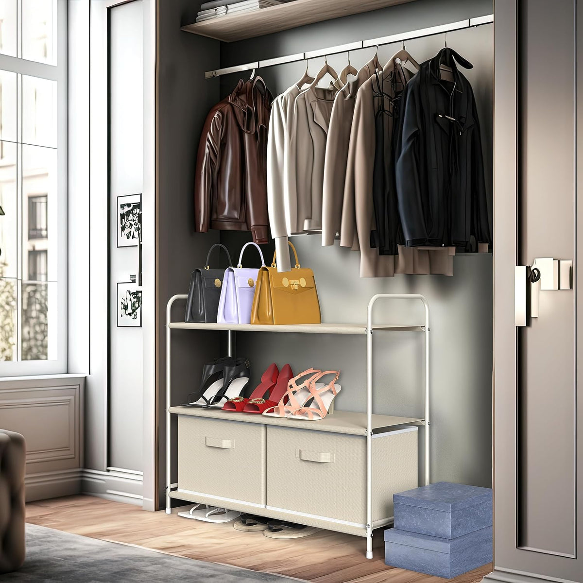 3-Tier Closet Storage with 2 Drawers, Beige