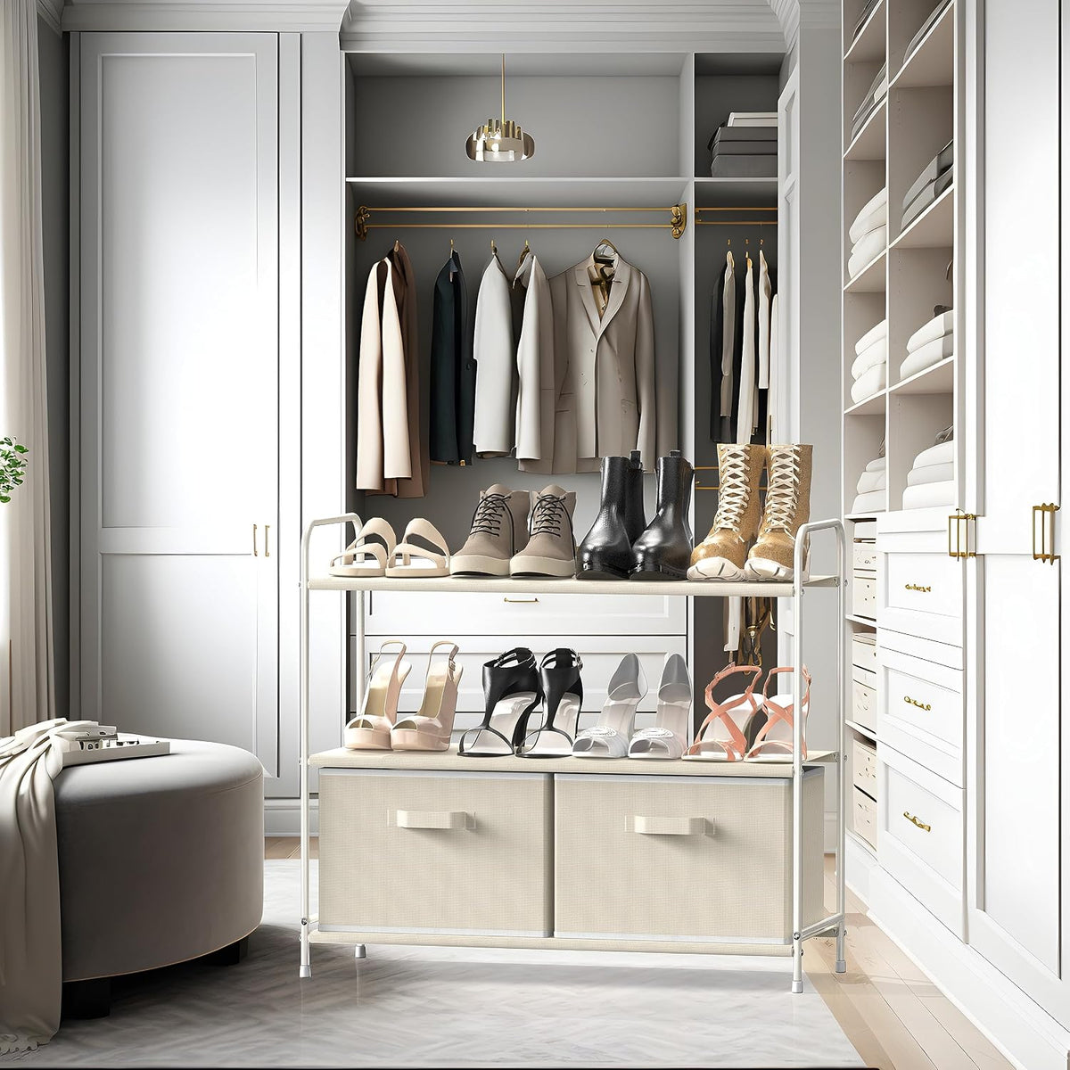 3-Tier Closet Storage with 2 Drawers, Beige