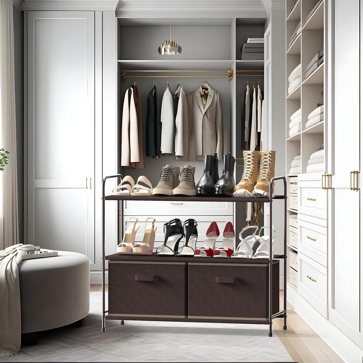 3-Tier Closet Storage with 2 Drawers, Beige