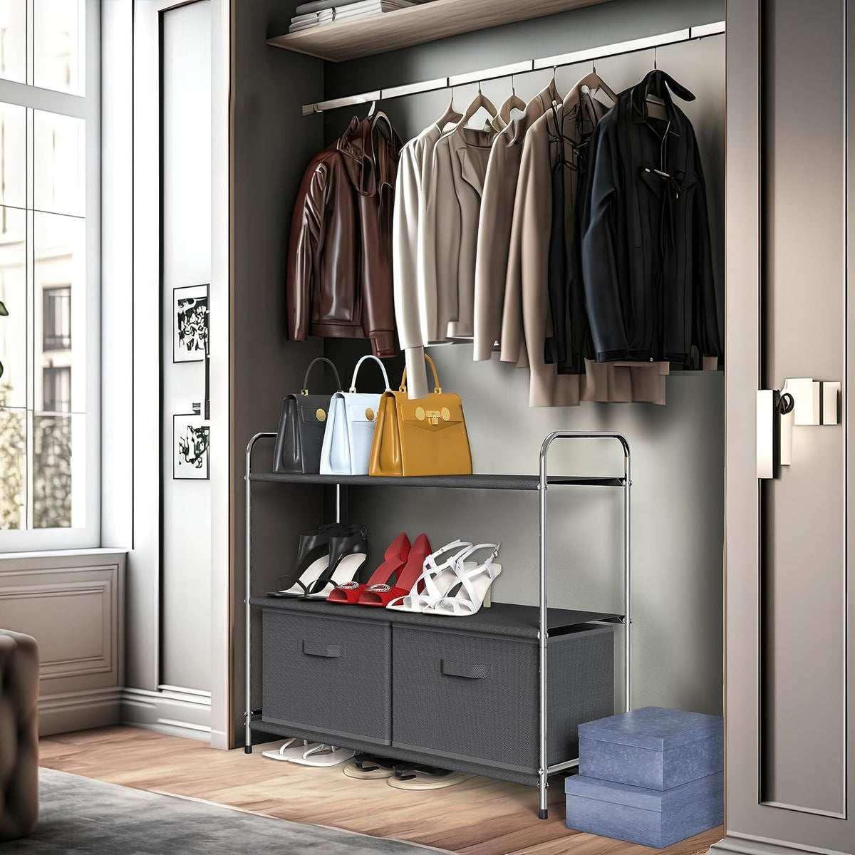 3-Tier Closet Storage with 2 Drawers, Beige