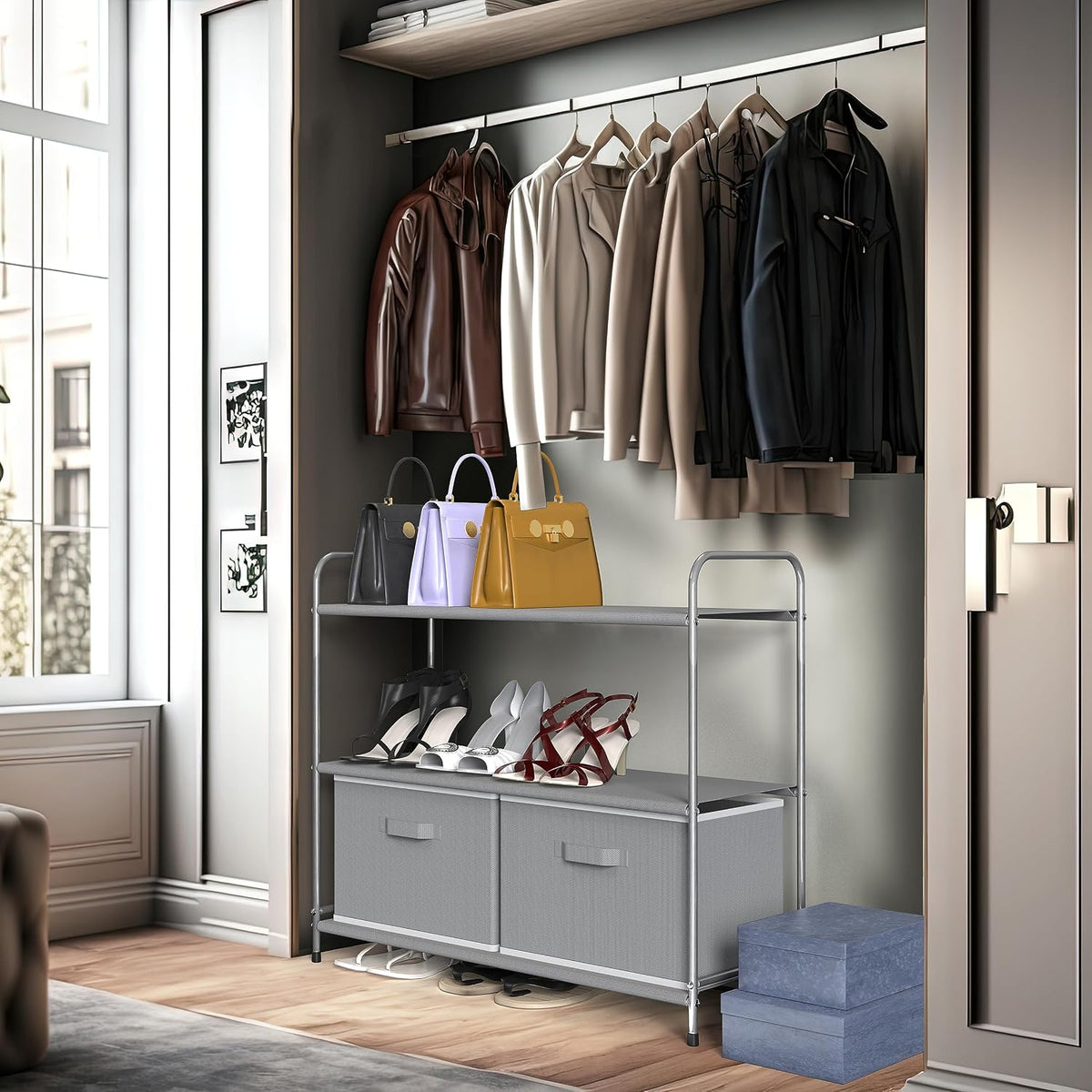 3-Tier Closet Storage with 2 Drawers, Beige