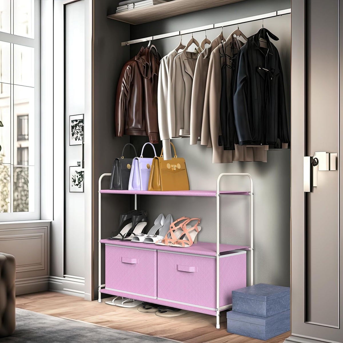 3-Tier Closet Storage with 2 Drawers, Beige