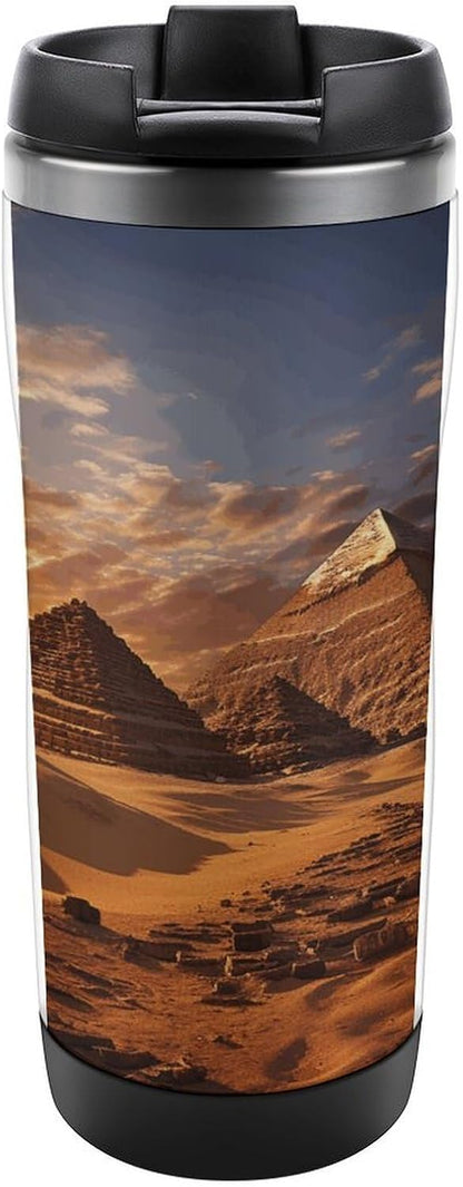 13oz Insulated Travel Coffee Mug Reusable Coffee Cup Water Bottle | Egyptian Pyramids Travel Mug with Leak Proof Lid Double Wall Stainless Steel Coffee Tumbler Personalized Gift