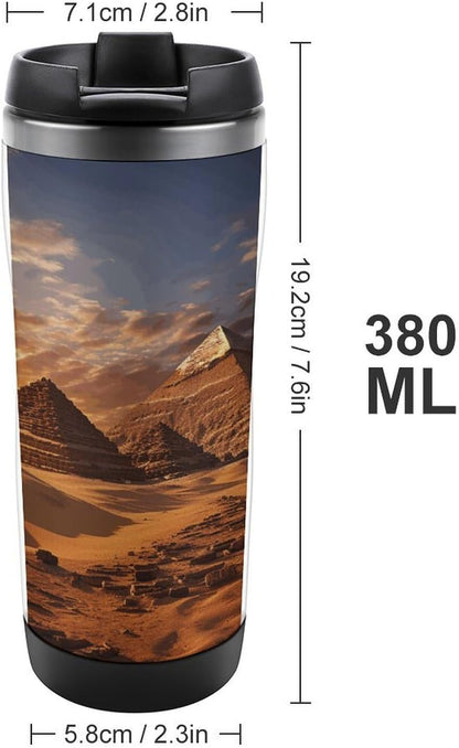 13oz Insulated Travel Coffee Mug Reusable Coffee Cup Water Bottle | Egyptian Pyramids Travel Mug with Leak Proof Lid Double Wall Stainless Steel Coffee Tumbler Personalized Gift