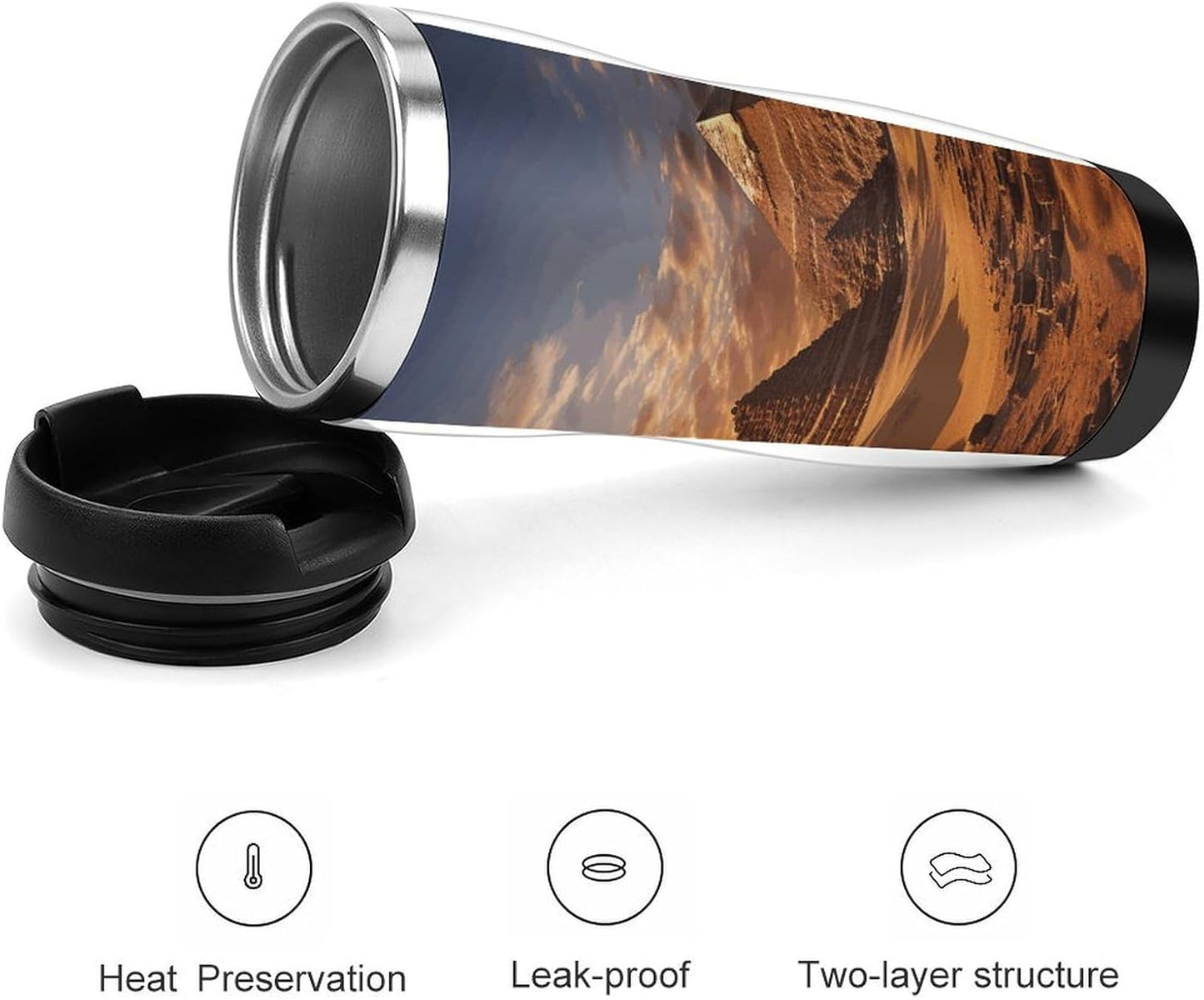 13oz Insulated Travel Coffee Mug Reusable Coffee Cup Water Bottle | Egyptian Pyramids Travel Mug with Leak Proof Lid Double Wall Stainless Steel Coffee Tumbler Personalized Gift