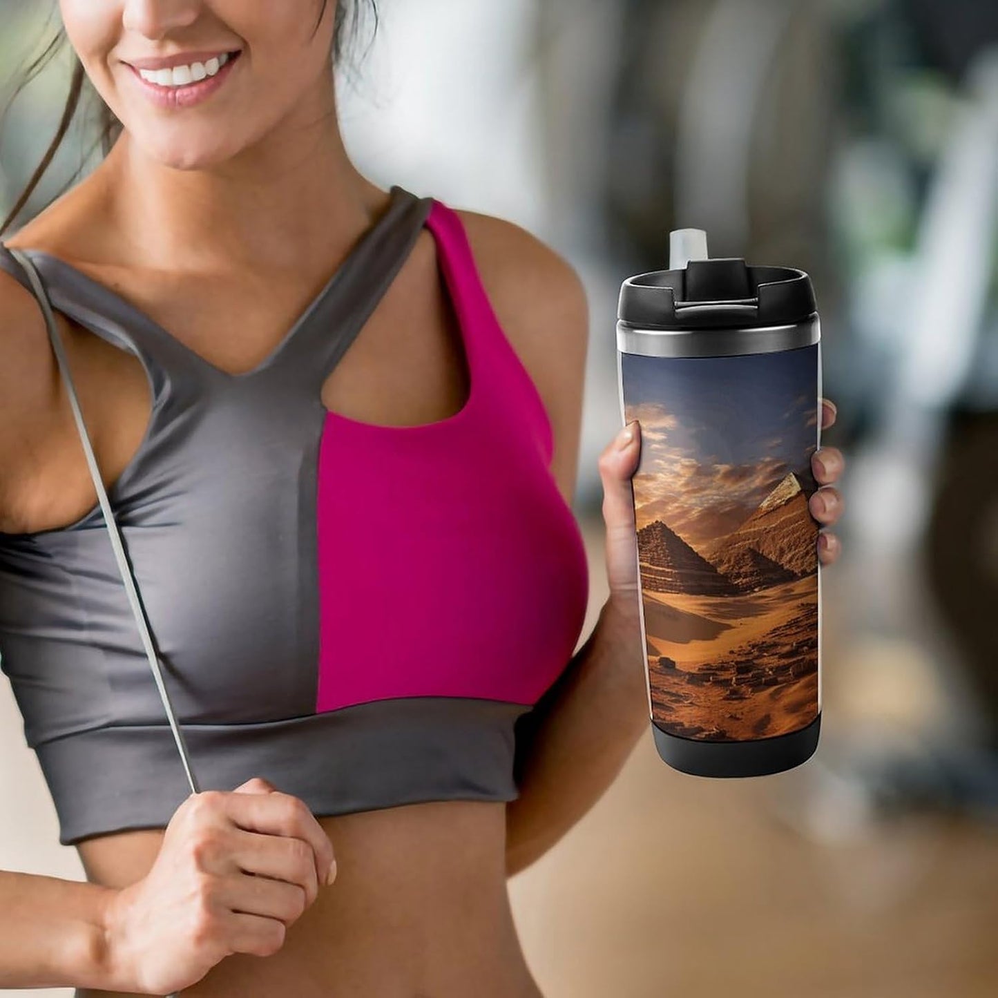 13oz Insulated Travel Coffee Mug Reusable Coffee Cup Water Bottle | Egyptian Pyramids Travel Mug with Leak Proof Lid Double Wall Stainless Steel Coffee Tumbler Personalized Gift