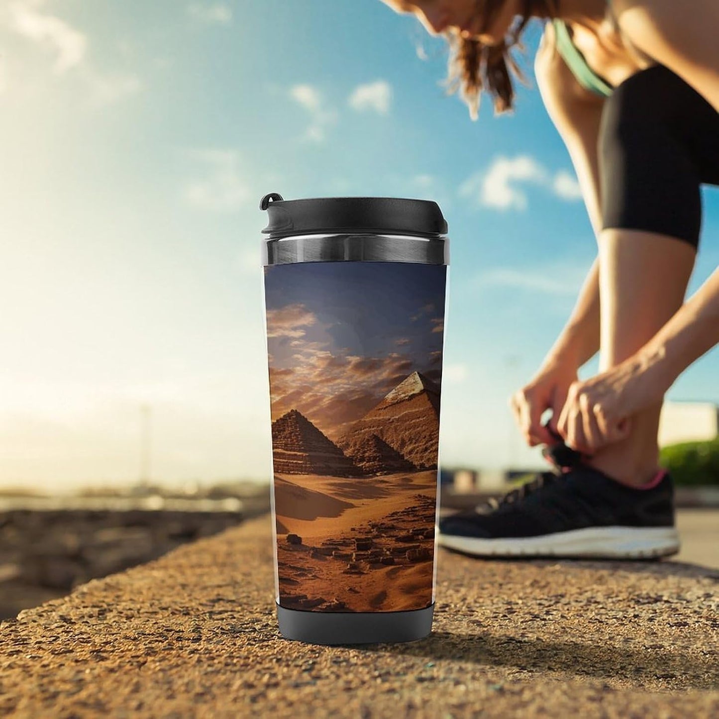 13oz Insulated Travel Coffee Mug Reusable Coffee Cup Water Bottle | Egyptian Pyramids Travel Mug with Leak Proof Lid Double Wall Stainless Steel Coffee Tumbler Personalized Gift