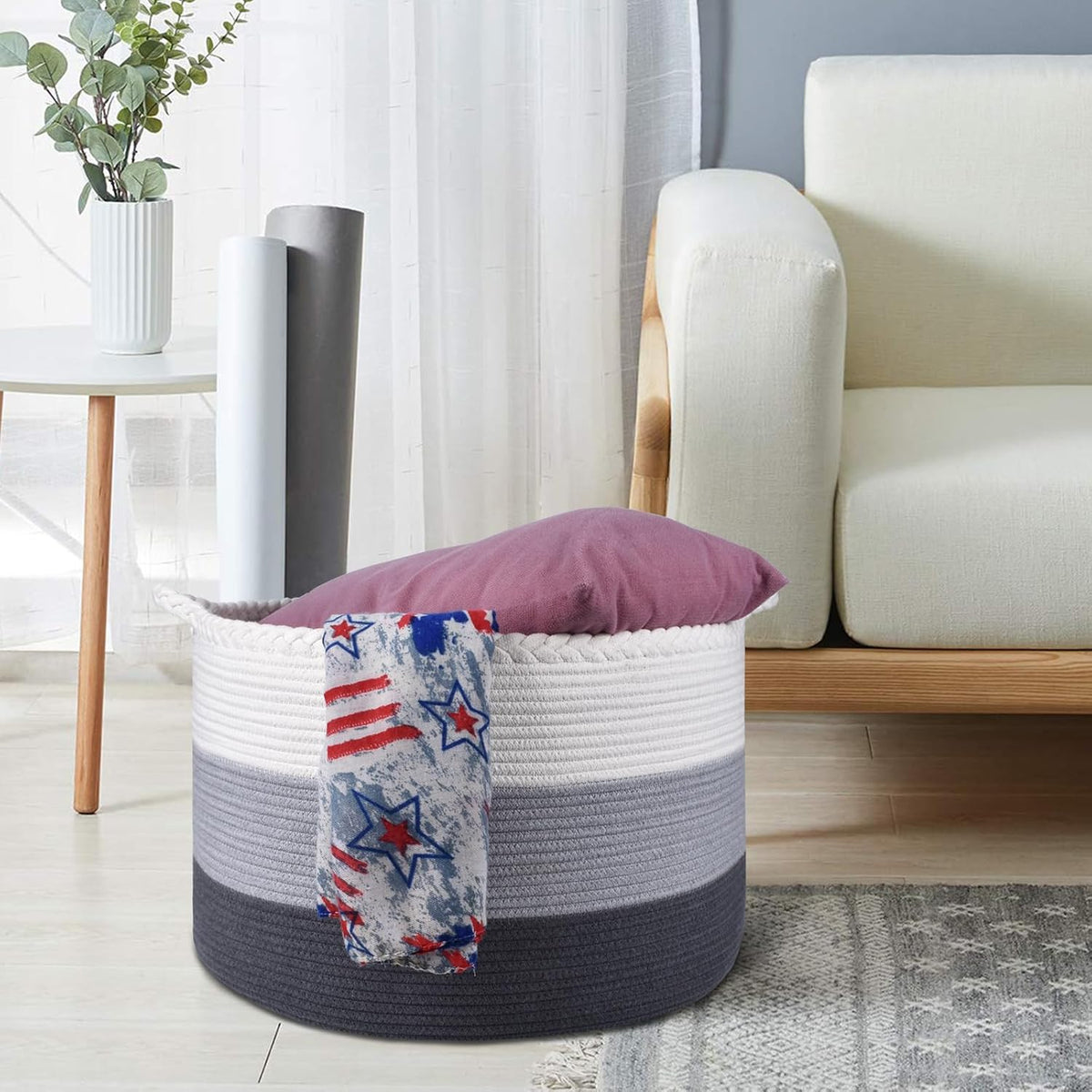 XXXLarge Woven Blanket & Laundry Basket, 87L, White & Gradient Brown