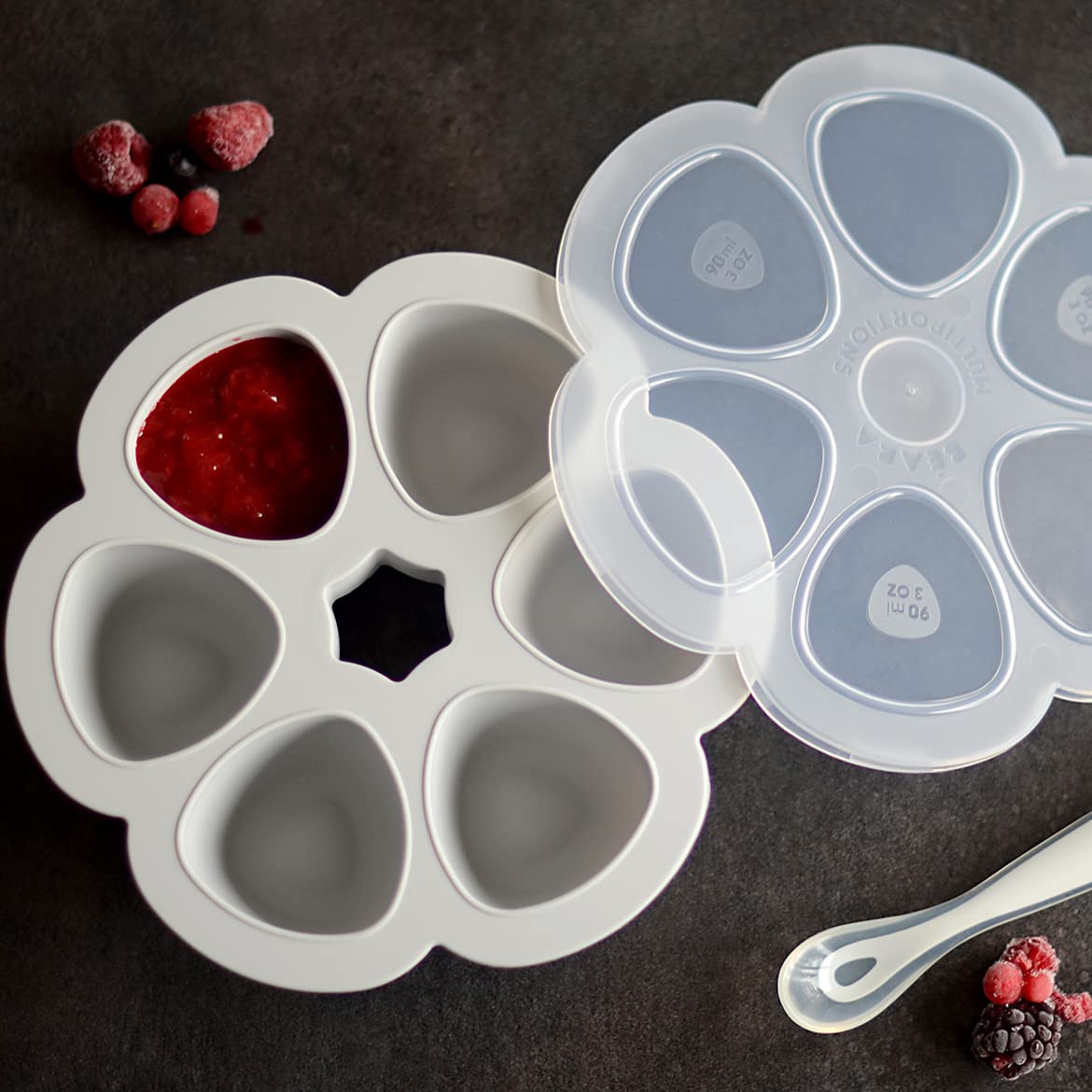 BEABA Multiportions Premium Quality Silicone Baby Food Storage Container, Baby Food Freezer Tray with Clip-On Lid, Oven and Freezer Safe, Made in Italy, Cloud, 5 oz
