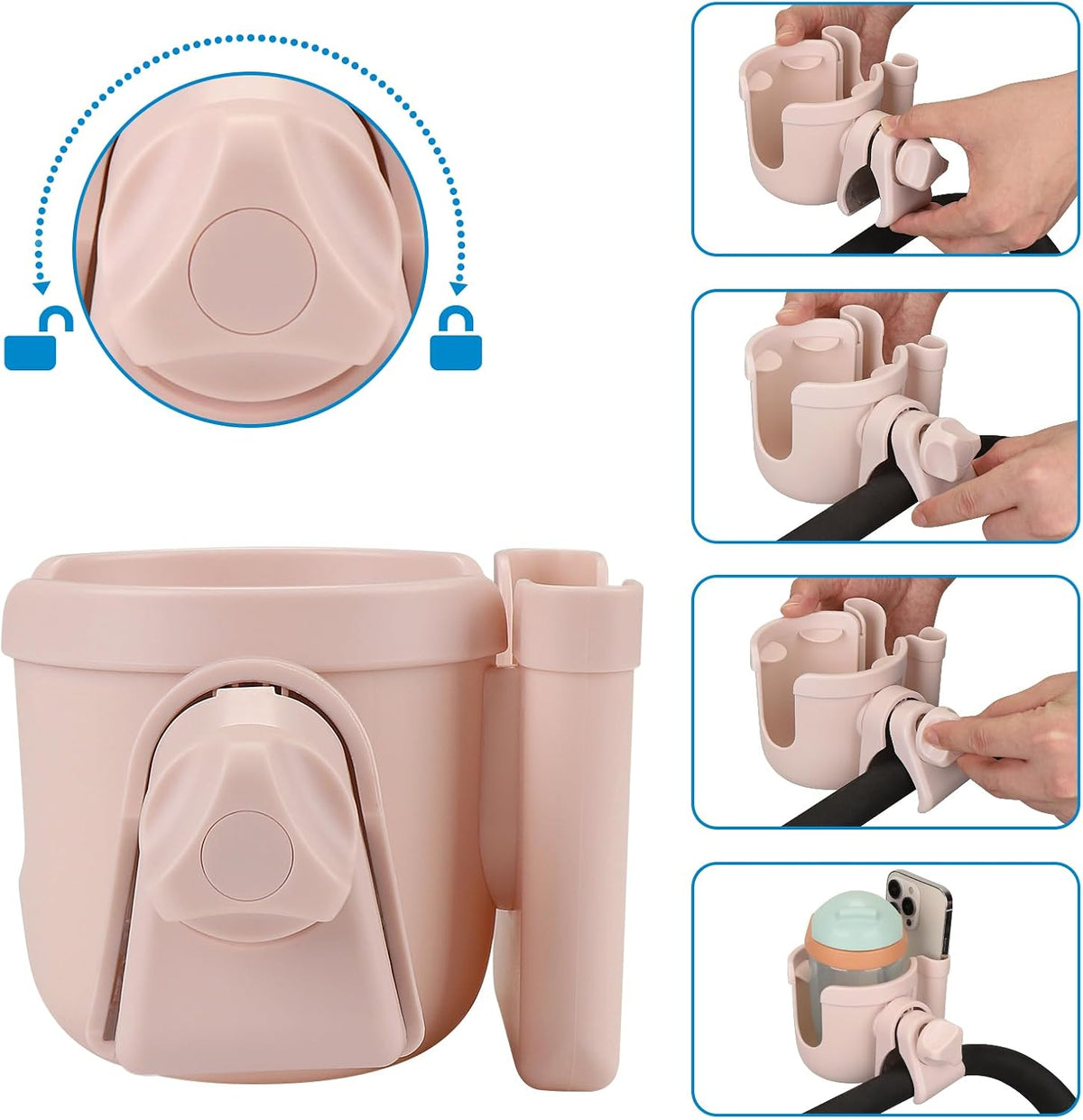 Stroller Cup Holder with Phone Holder, Bike Cup Holder, Universal Cup Holder for Uppababy Nuna Strollers, 2-in-1 Drinks Holder for Walker, Wheelchair, Scooter - Colors B