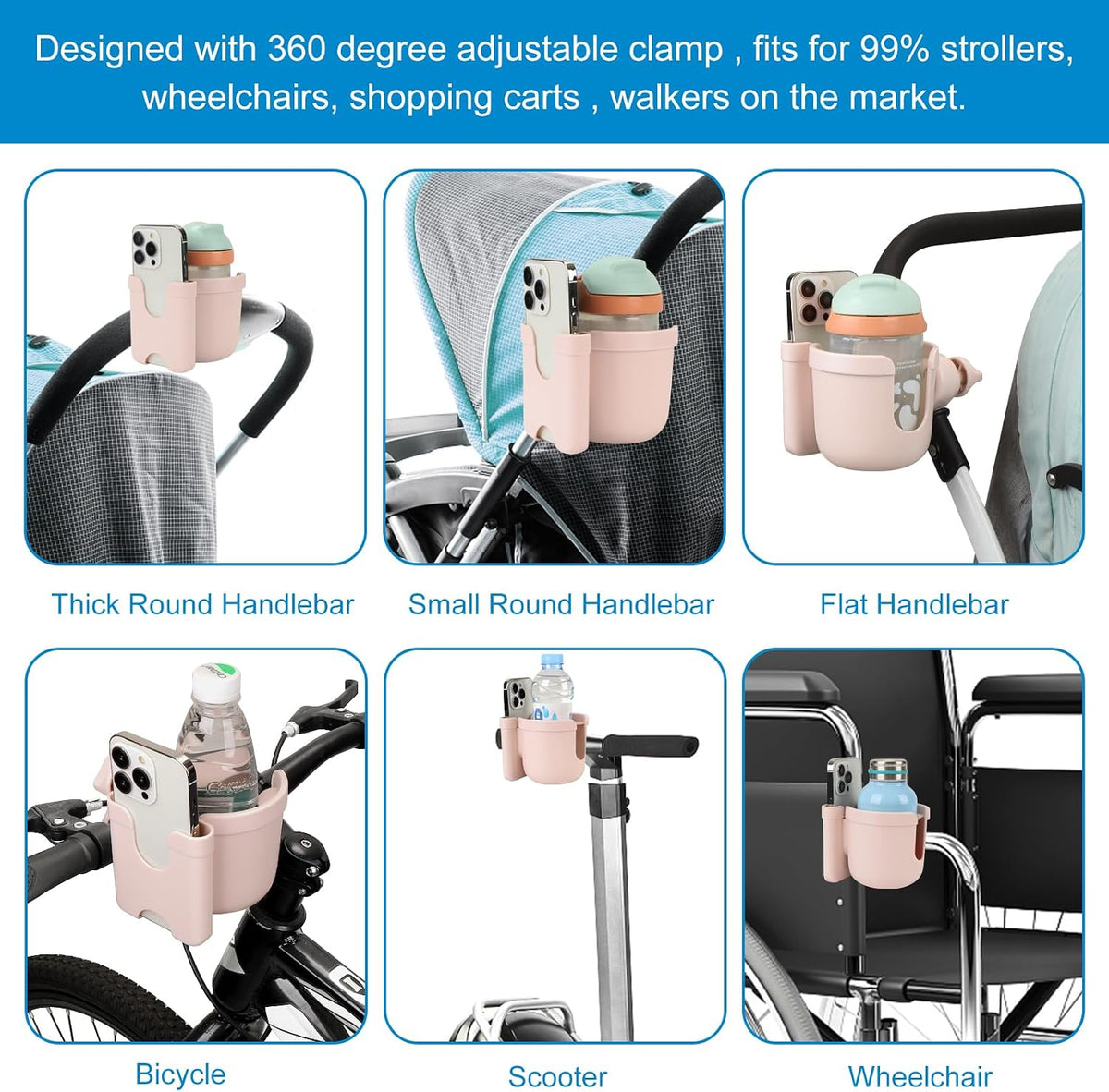 Stroller Cup Holder with Phone Holder, Bike Cup Holder, Universal Cup Holder for Uppababy Nuna Strollers, 2-in-1 Drinks Holder for Walker, Wheelchair, Scooter - Colors B