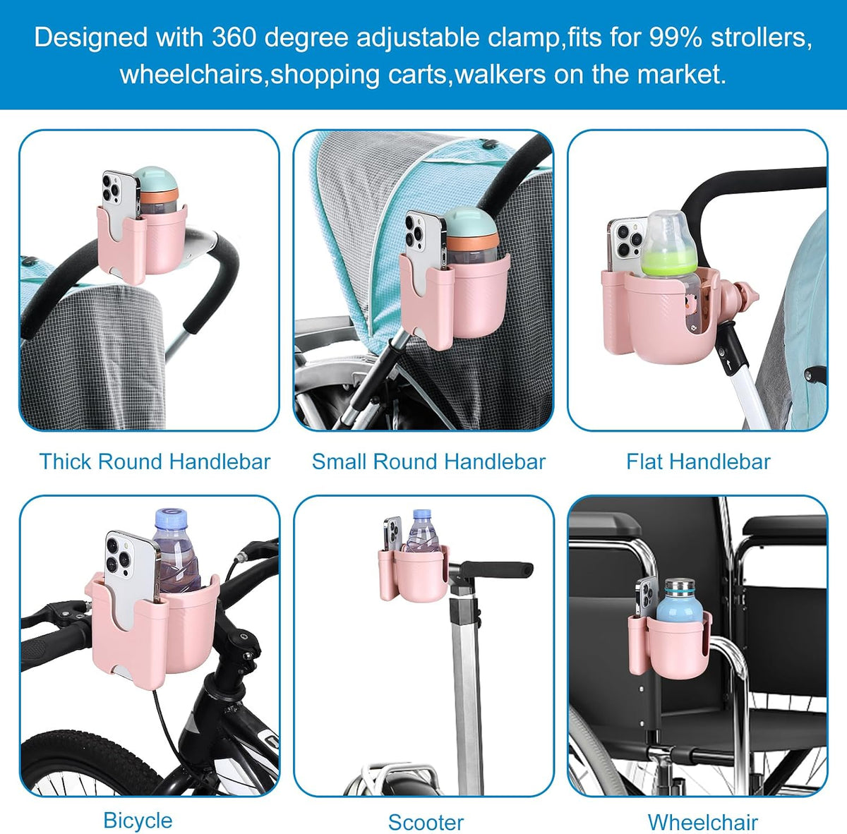 Stroller Cup Holder with Phone Holder, Bike Cup Holder, Universal Cup Holder for Uppababy Nuna Strollers, 2-in-1 Drinks Holder for Walker, Wheelchair, Scooter - Colors B