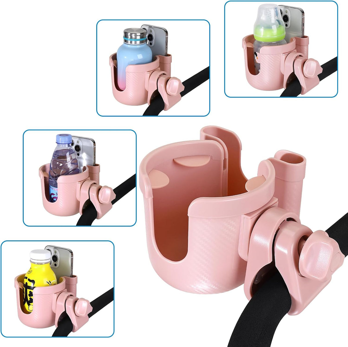 Stroller Cup Holder with Phone Holder, Bike Cup Holder, Universal Cup Holder for Uppababy Nuna Strollers, 2-in-1 Drinks Holder for Walker, Wheelchair, Scooter - Colors B