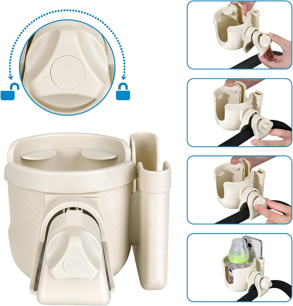 Stroller Cup Holder with Phone Holder, Bike Cup Holder, Universal Cup Holder for Uppababy Nuna Strollers, 2-in-1 Drinks Holder for Walker, Wheelchair, Scooter - Colors B