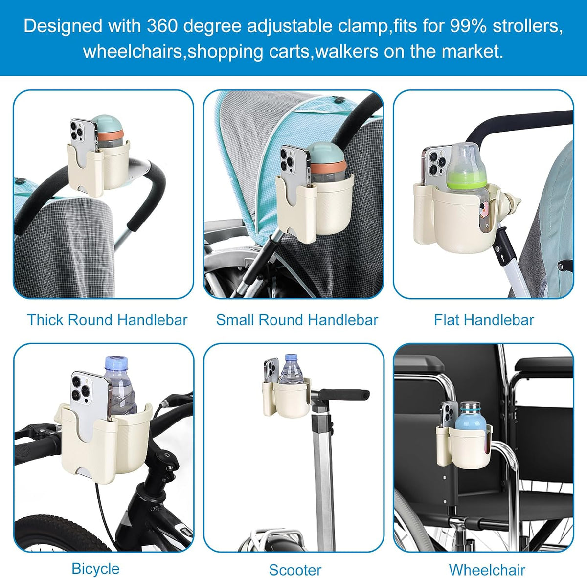 Stroller Cup Holder with Phone Holder, Bike Cup Holder, Universal Cup Holder for Uppababy Nuna Strollers, 2-in-1 Drinks Holder for Walker, Wheelchair, Scooter - Colors B