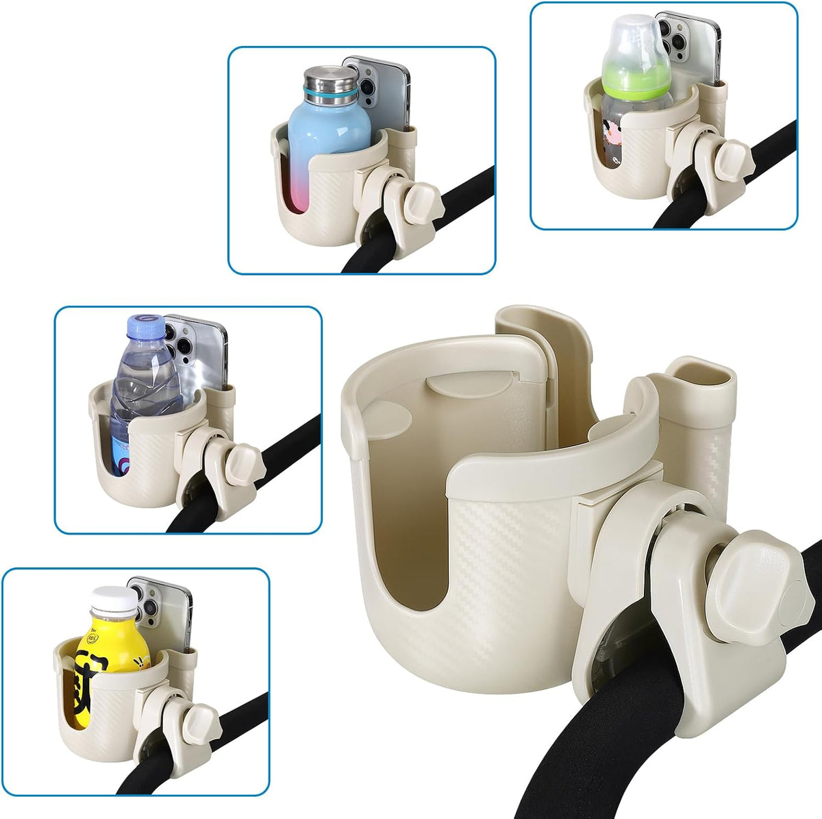 Stroller Cup Holder with Phone Holder, Bike Cup Holder, Universal Cup Holder for Uppababy Nuna Strollers, 2-in-1 Drinks Holder for Walker, Wheelchair, Scooter - Colors B