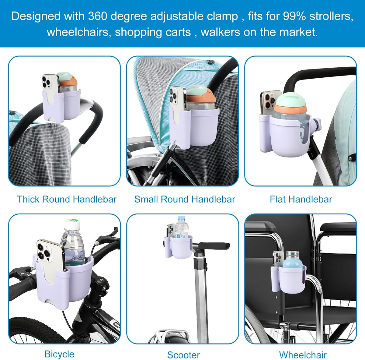 Stroller Cup Holder with Phone Holder, Bike Cup Holder, Universal Cup Holder for Uppababy Nuna Strollers, 2-in-1 Drinks Holder for Walker, Wheelchair, Scooter - Colors B