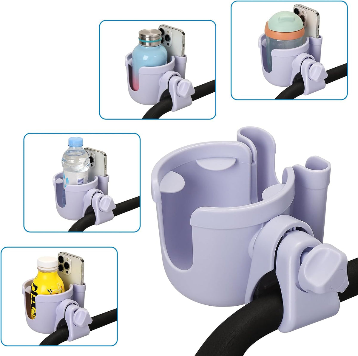 Stroller Cup Holder with Phone Holder, Bike Cup Holder, Universal Cup Holder for Uppababy Nuna Strollers, 2-in-1 Drinks Holder for Walker, Wheelchair, Scooter - Colors B
