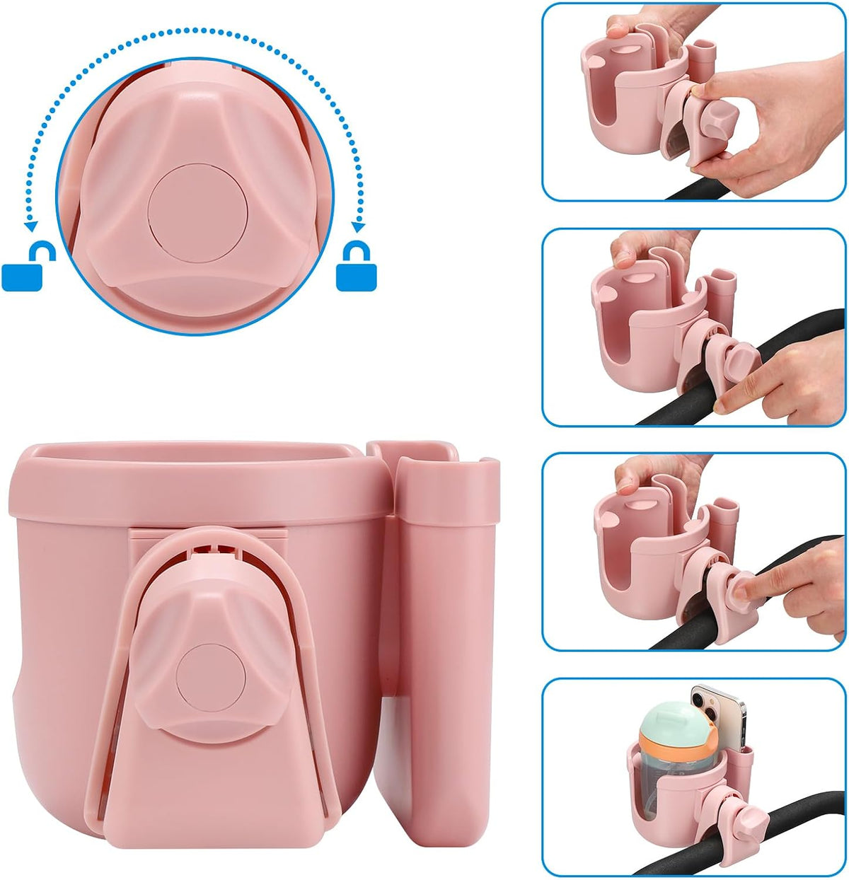 Stroller Cup Holder with Phone Holder, Bike Cup Holder, Universal Cup Holder for Uppababy Nuna Strollers, 2-in-1 Drinks Holder for Walker, Wheelchair, Scooter - Colors B