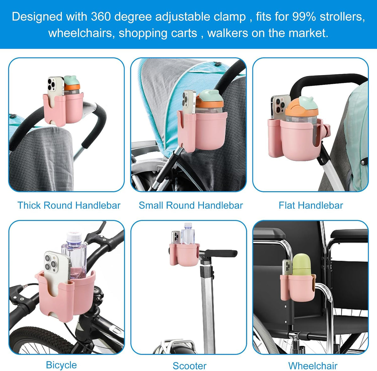 Stroller Cup Holder with Phone Holder, Bike Cup Holder, Universal Cup Holder for Uppababy Nuna Strollers, 2-in-1 Drinks Holder for Walker, Wheelchair, Scooter - Colors B