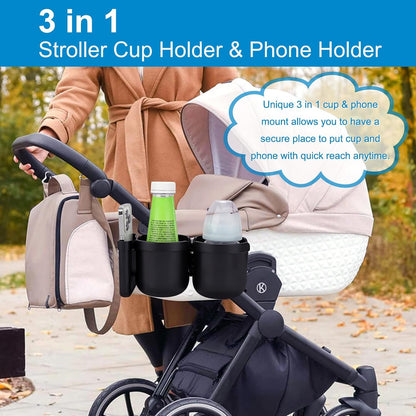 Stroller Cup Holder with Phone Holder, Bike Cup Holder, Universal Cup Holder for Uppababy Nuna Strollers, 2-in-1 Drinks Holder for Walker, Wheelchair, Scooter - Colors B