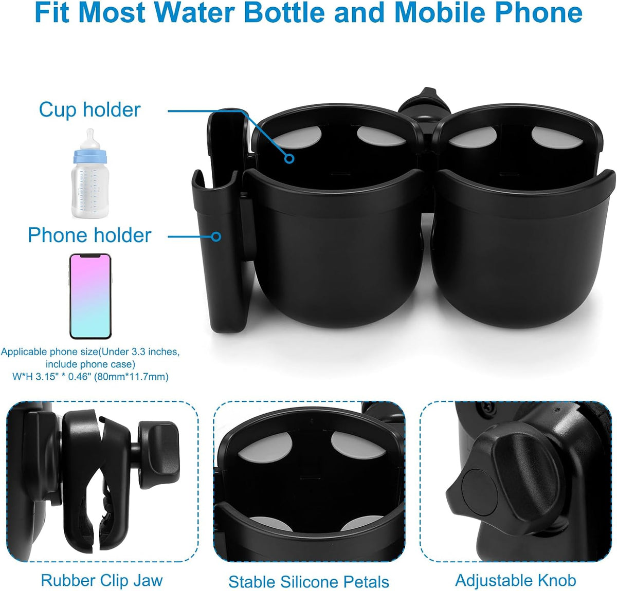 Stroller Cup Holder with Phone Holder, Bike Cup Holder, Universal Cup Holder for Uppababy Nuna Strollers, 2-in-1 Drinks Holder for Walker, Wheelchair, Scooter - Colors B