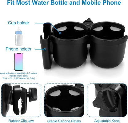 Stroller Cup Holder with Phone Holder, Bike Cup Holder, Universal Cup Holder for Uppababy Nuna Strollers, 2-in-1 Drinks Holder for Walker, Wheelchair, Scooter - Colors B