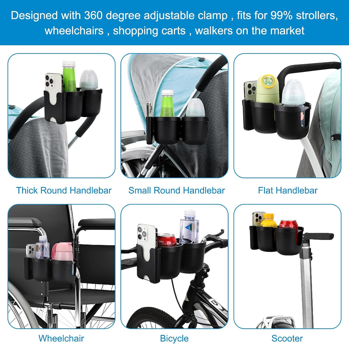 Stroller Cup Holder with Phone Holder, Bike Cup Holder, Universal Cup Holder for Uppababy Nuna Strollers, 2-in-1 Drinks Holder for Walker, Wheelchair, Scooter - Colors B