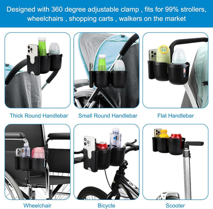 Stroller Cup Holder with Phone Holder, Bike Cup Holder, Universal Cup Holder for Uppababy Nuna Strollers, 2-in-1 Drinks Holder for Walker, Wheelchair, Scooter - Colors B
