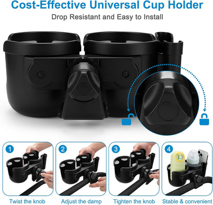 Stroller Cup Holder with Phone Holder, Bike Cup Holder, Universal Cup Holder for Uppababy Nuna Strollers, 2-in-1 Drinks Holder for Walker, Wheelchair, Scooter - Colors B