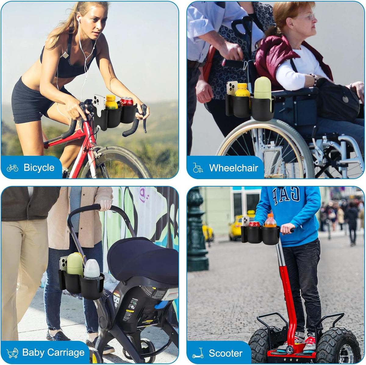 Stroller Cup Holder with Phone Holder, Bike Cup Holder, Universal Cup Holder for Uppababy Nuna Strollers, 2-in-1 Drinks Holder for Walker, Wheelchair, Scooter - Colors B