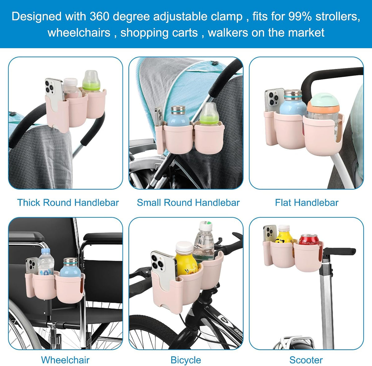 Stroller Cup Holder with Phone Holder, Bike Cup Holder, Universal Cup Holder for Uppababy Nuna Strollers, 2-in-1 Drinks Holder for Walker, Wheelchair, Scooter - Colors B