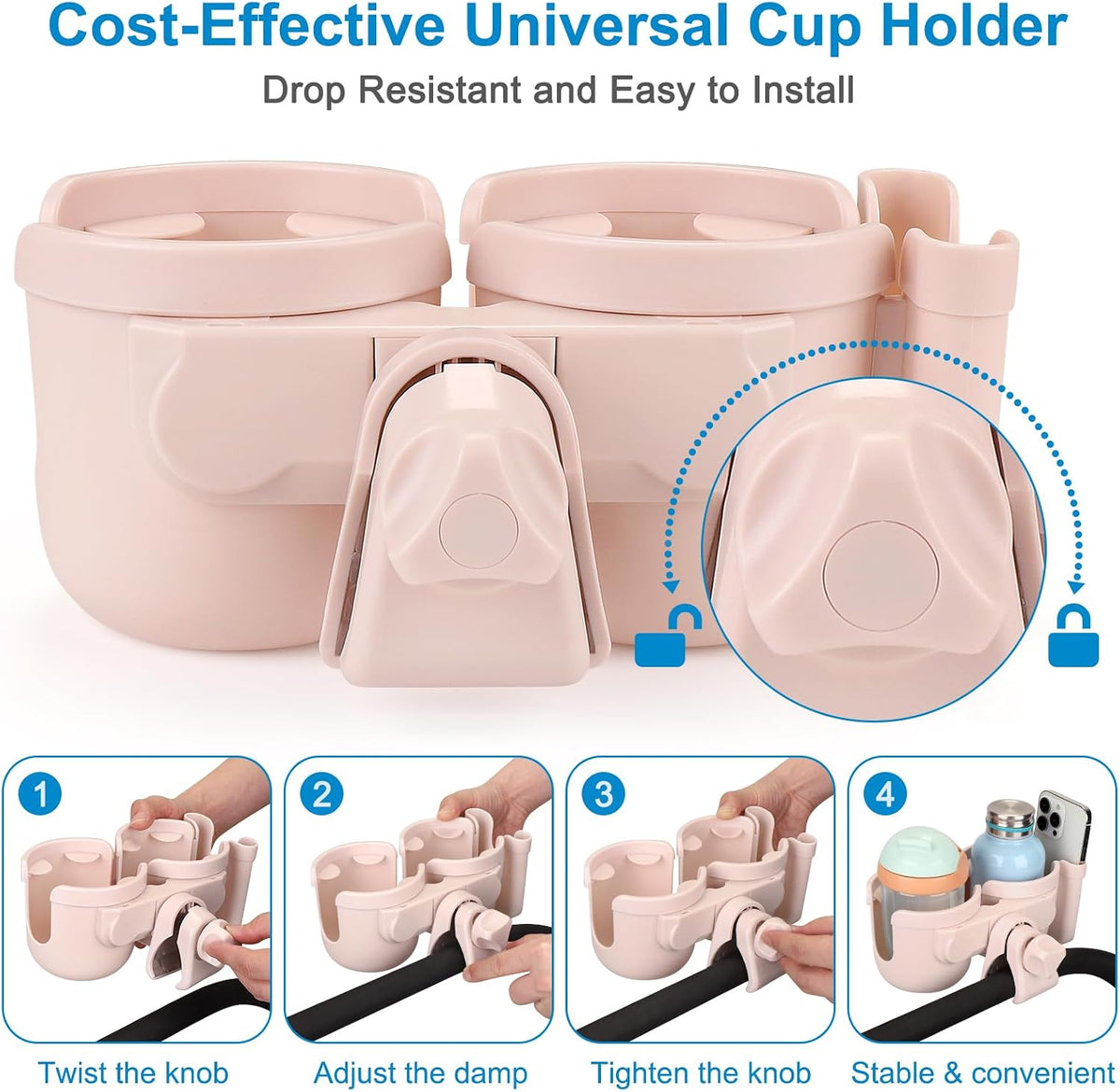 Stroller Cup Holder with Phone Holder, Bike Cup Holder, Universal Cup Holder for Uppababy Nuna Strollers, 2-in-1 Drinks Holder for Walker, Wheelchair, Scooter - Colors B