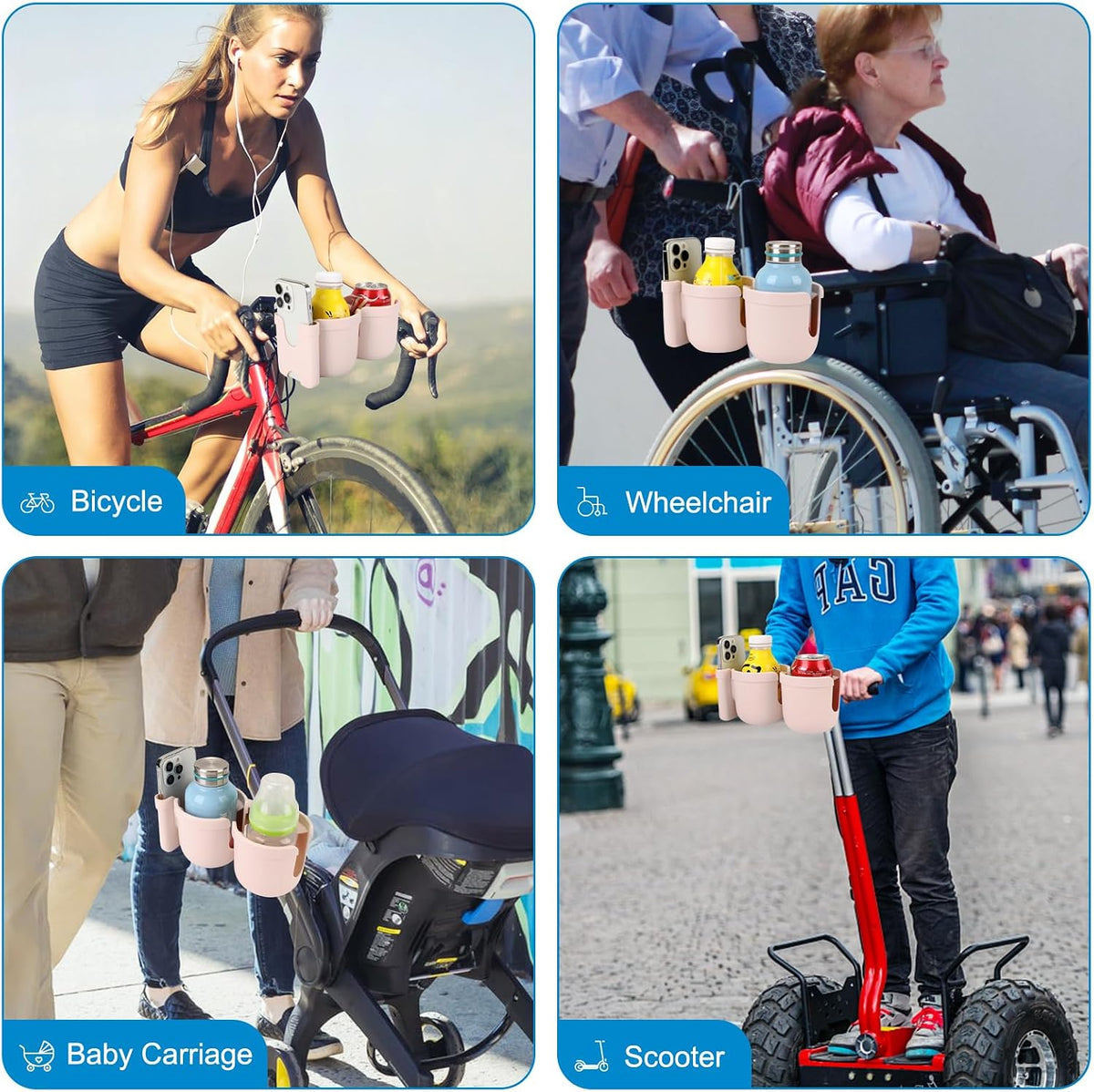 Stroller Cup Holder with Phone Holder, Bike Cup Holder, Universal Cup Holder for Uppababy Nuna Strollers, 2-in-1 Drinks Holder for Walker, Wheelchair, Scooter - Colors B