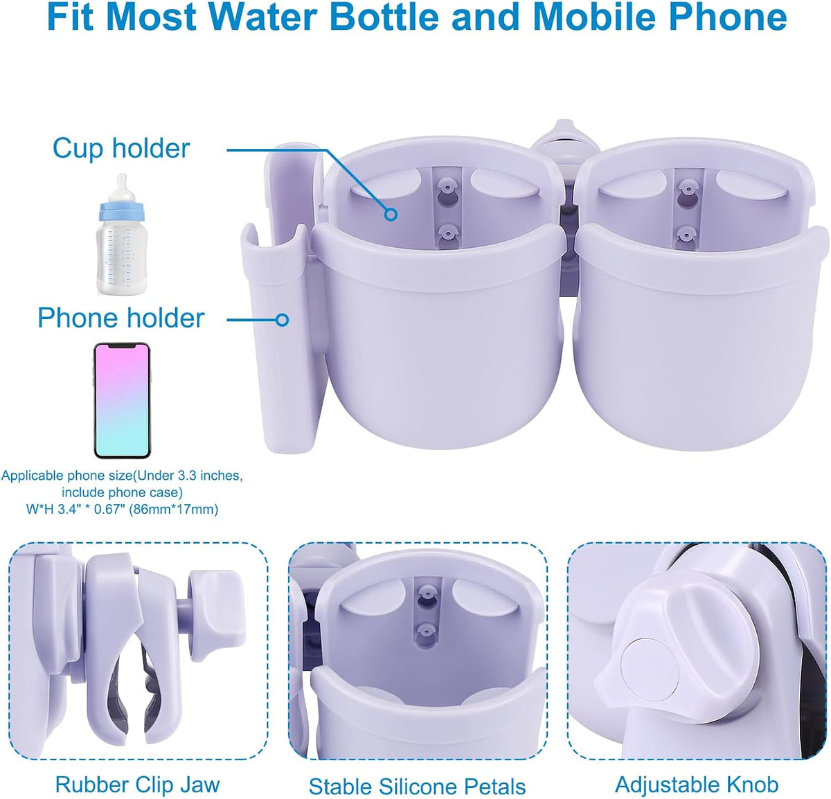 Stroller Cup Holder with Phone Holder, Bike Cup Holder, Universal Cup Holder for Uppababy Nuna Strollers, 2-in-1 Drinks Holder for Walker, Wheelchair, Scooter - Colors B