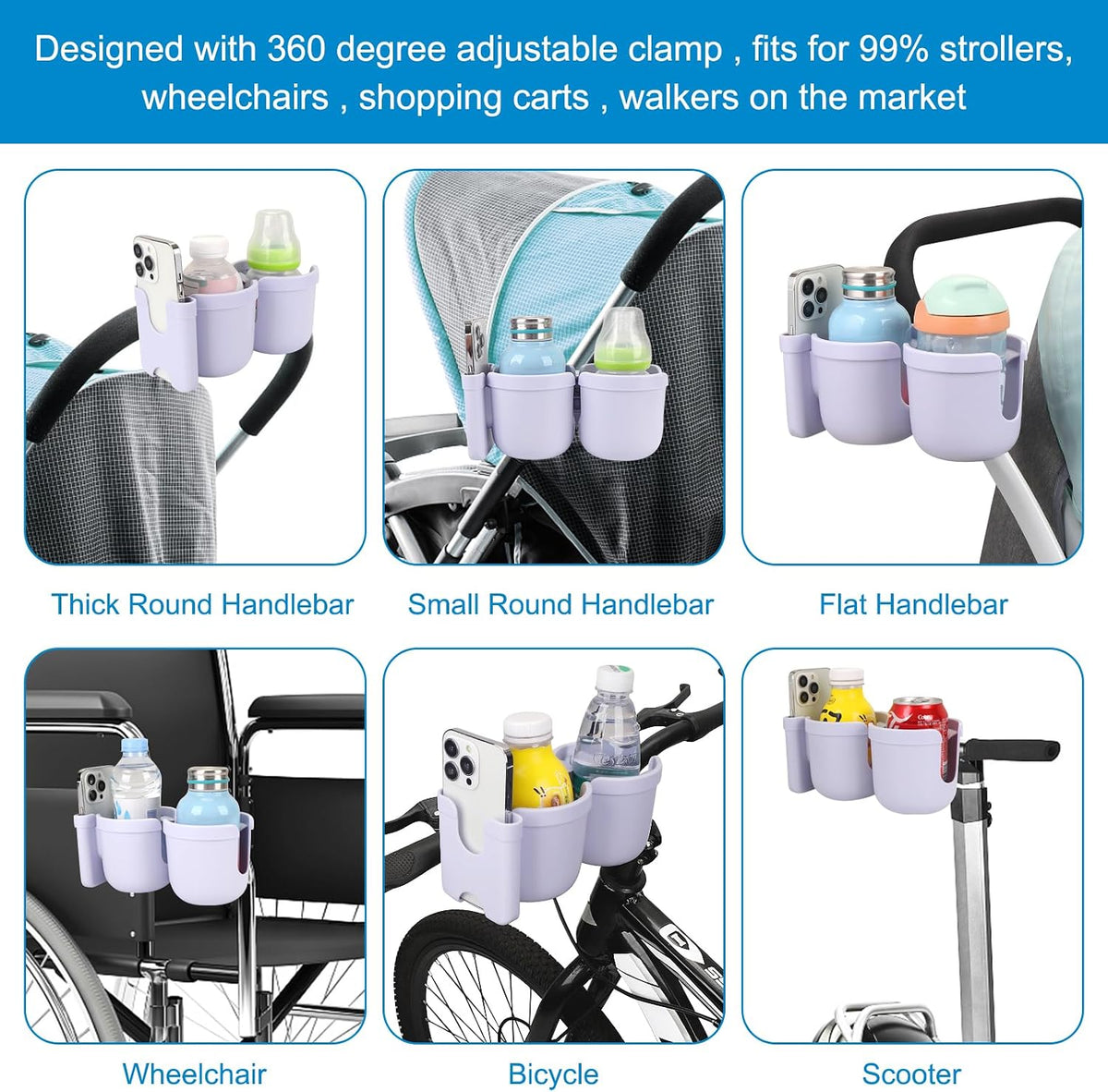 Stroller Cup Holder with Phone Holder, Bike Cup Holder, Universal Cup Holder for Uppababy Nuna Strollers, 2-in-1 Drinks Holder for Walker, Wheelchair, Scooter - Colors B