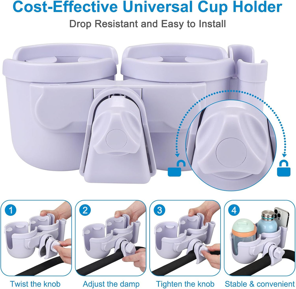 Stroller Cup Holder with Phone Holder, Bike Cup Holder, Universal Cup Holder for Uppababy Nuna Strollers, 2-in-1 Drinks Holder for Walker, Wheelchair, Scooter - Colors B