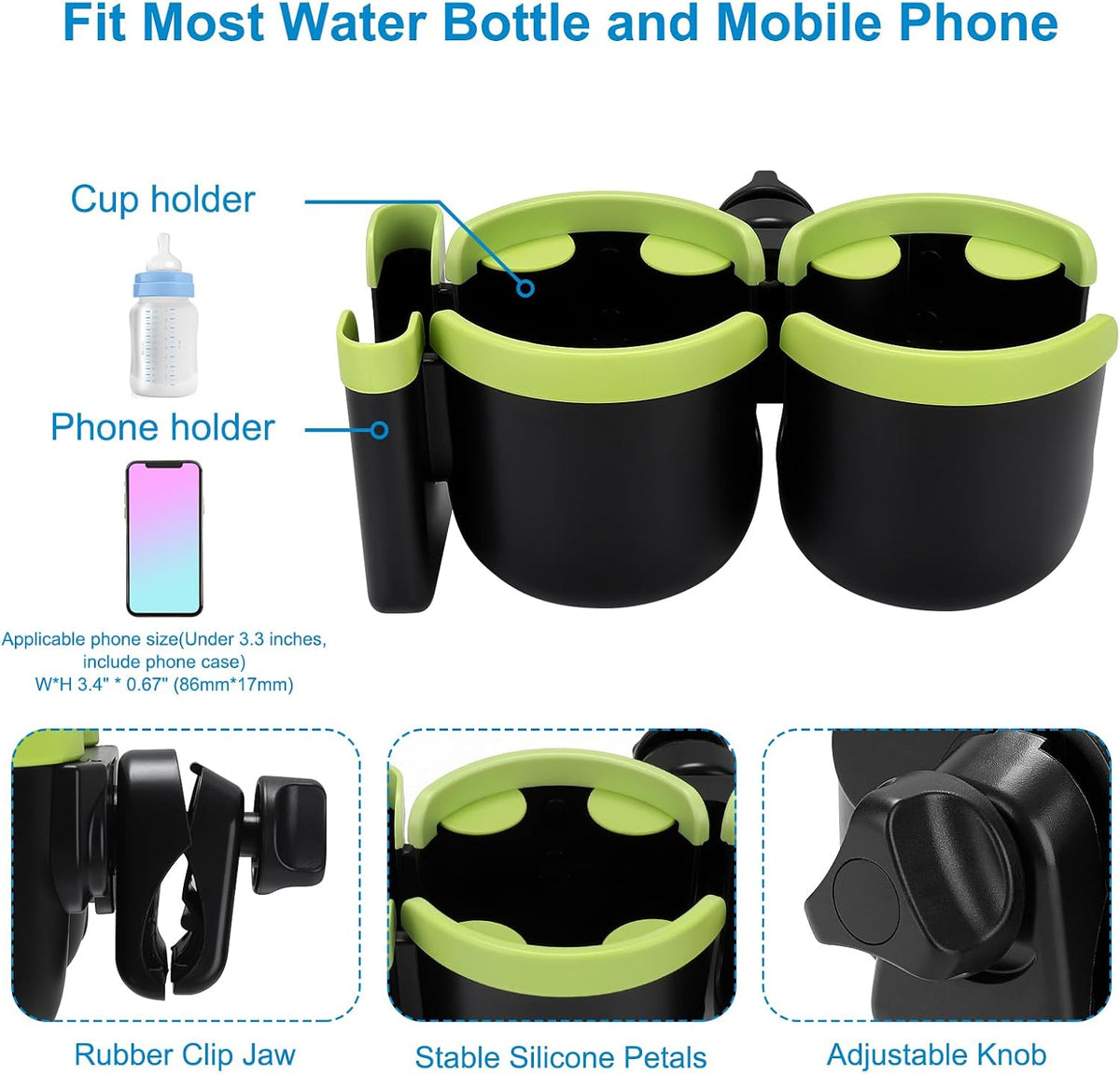 Stroller Cup Holder with Phone Holder, Bike Cup Holder, Universal Cup Holder for Uppababy Nuna Strollers, 2-in-1 Drinks Holder for Walker, Wheelchair, Scooter - Colors B