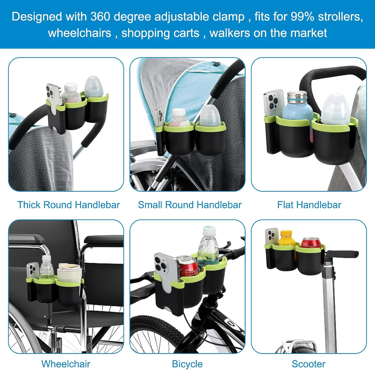 Stroller Cup Holder with Phone Holder, Bike Cup Holder, Universal Cup Holder for Uppababy Nuna Strollers, 2-in-1 Drinks Holder for Walker, Wheelchair, Scooter - Colors B