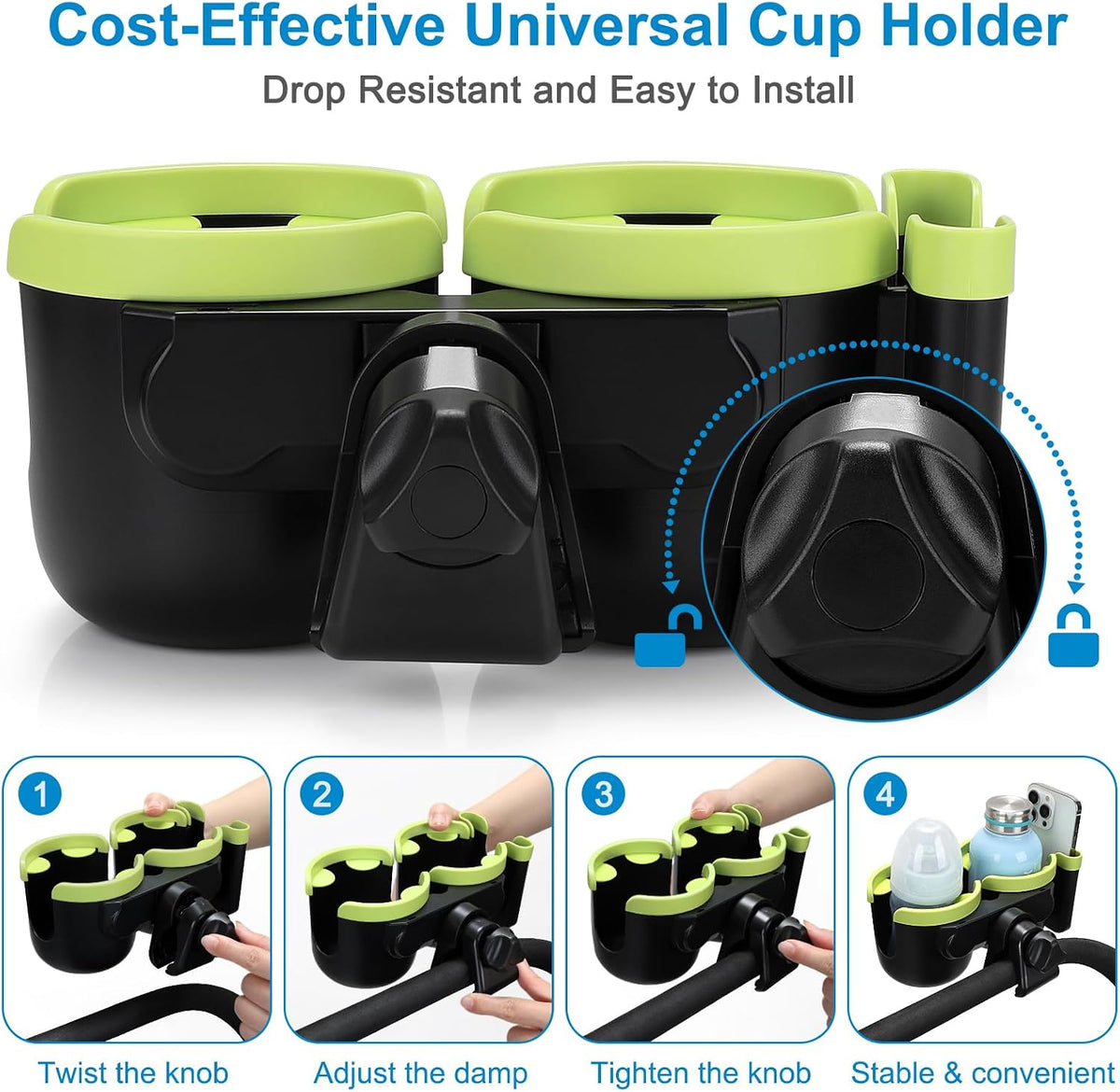 Stroller Cup Holder with Phone Holder, Bike Cup Holder, Universal Cup Holder for Uppababy Nuna Strollers, 2-in-1 Drinks Holder for Walker, Wheelchair, Scooter - Colors B