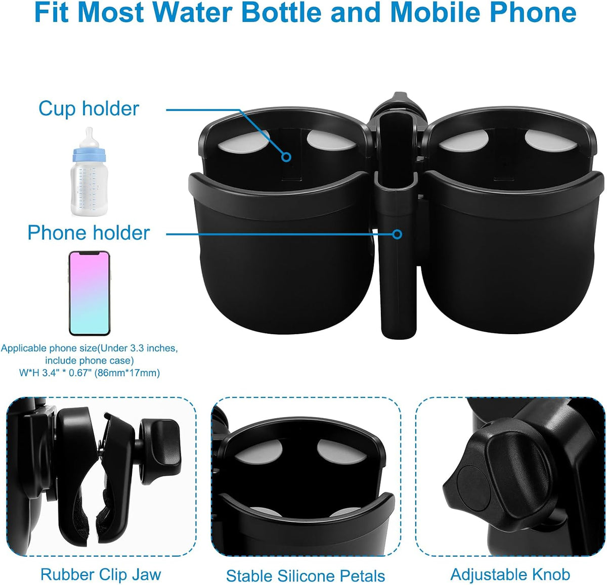 Stroller Cup Holder with Phone Holder, Bike Cup Holder, Universal Cup Holder for Uppababy Nuna Strollers, 2-in-1 Drinks Holder for Walker, Wheelchair, Scooter - Colors B
