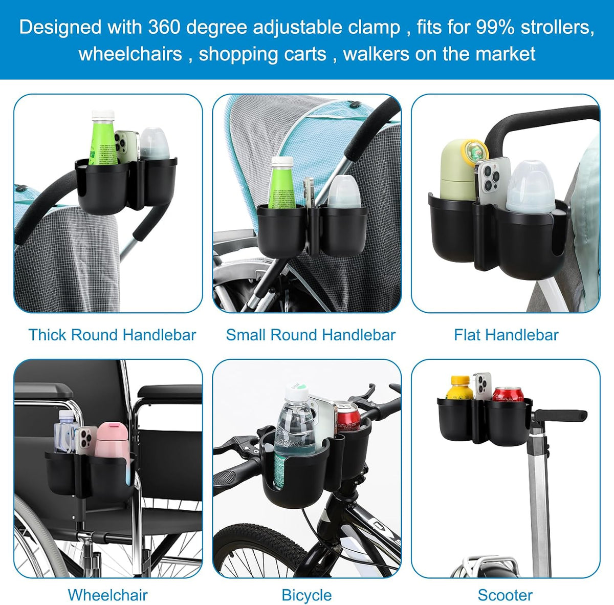Stroller Cup Holder with Phone Holder, Bike Cup Holder, Universal Cup Holder for Uppababy Nuna Strollers, 2-in-1 Drinks Holder for Walker, Wheelchair, Scooter - Colors B