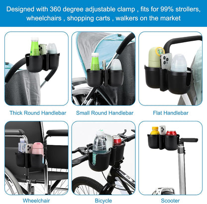 Stroller Cup Holder with Phone Holder, Bike Cup Holder, Universal Cup Holder for Uppababy Nuna Strollers, 2-in-1 Drinks Holder for Walker, Wheelchair, Scooter - Colors B