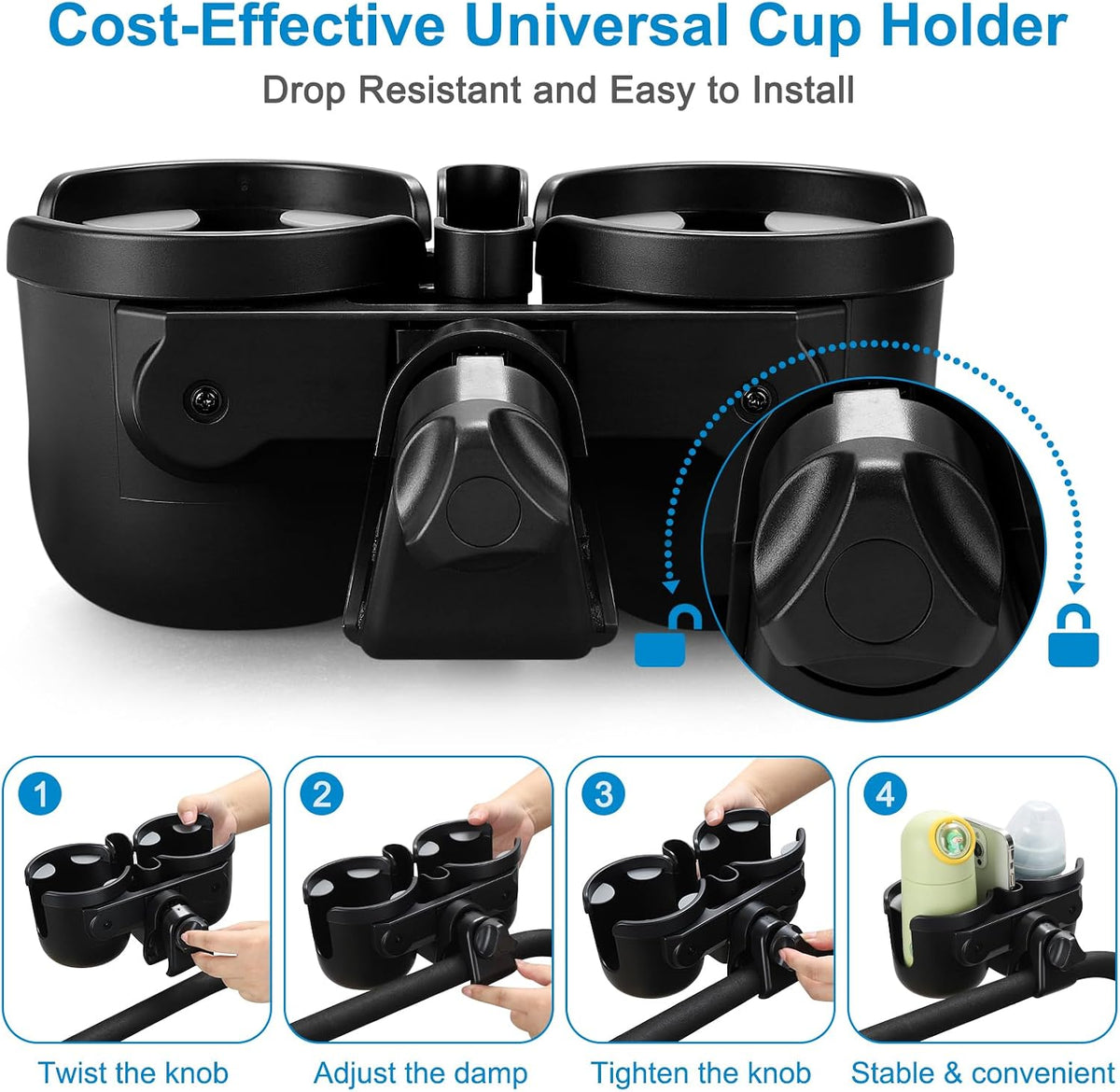 Stroller Cup Holder with Phone Holder, Bike Cup Holder, Universal Cup Holder for Uppababy Nuna Strollers, 2-in-1 Drinks Holder for Walker, Wheelchair, Scooter - Colors B